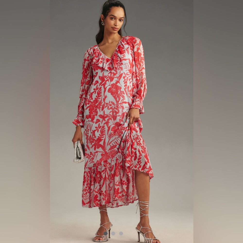 Anthropologie Red and White Floral Long-Sleeve Maxi Dress